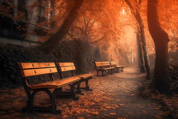 Benches in a park in autumn. Created with Generative AI technology.