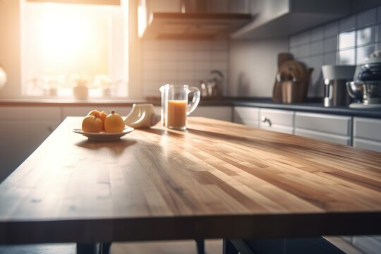 Wooden table top on blur kitchen room background,Modern Contemporary kitchen room interior | Desk of free space and kitchen interior, Generative AI