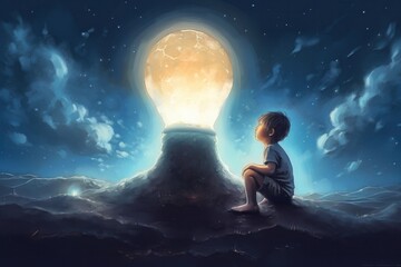 Little boy sitting on the edge of a cliff and looking at a big light bulb, Generative Ai
