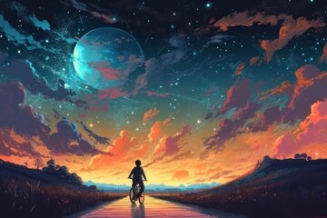 Obraz premium Cyclist on the road in the moonlight. Concept art, illustration style, Digital drawing, Generative Ai