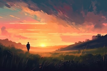 Fototapeta premium Digital painting of a man walking in a meadow at sunset, Generative Ai