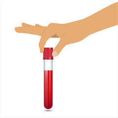 Doctor's hand holding test tube with blood sample for testing. Researcher hold blood sample in analysis lab. Glass vial with cap. Laboratory glassware, biology, medicine and pharmaceuticals. 