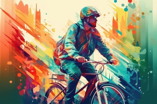 Portrait of a young man in a helmet and glasses riding a bicycle in the city. Colourful painting.