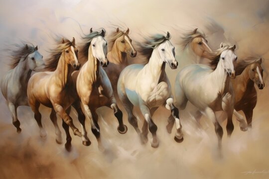 Horses in motion, watercolour painting on canvas, hand drawing, Generative Ai