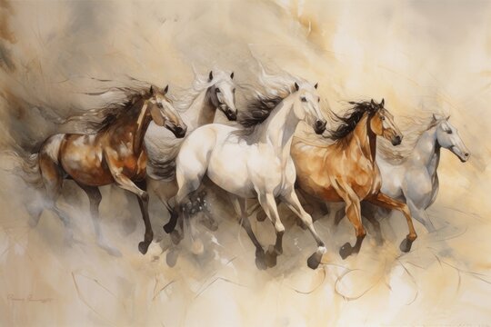 Horses in motion, watercolour painting on canvas, hand drawing, Generative Ai