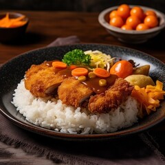 Breaded pork cutlet with rice and carrot on wooden background, Generative Ai