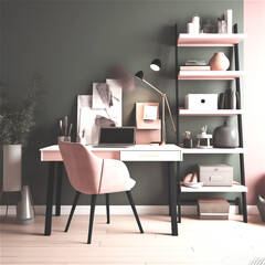 Home office with desk and vintage armchair in pink shades. Home Decor of furniture. Close-up. Generative Al content.