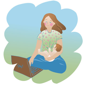 New Mom Working At Home. Online Job Concept