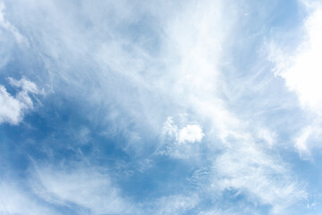 White shroud of natural white cirrus clouds is covered blue summer sky. Skyscape background.