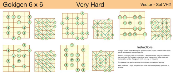 5 Very Hard Gokigen 6 x 6 Puzzles. A set of scalable puzzles for kids and adults, which are ready for web use or to be compiled into a standard or large print activity book.