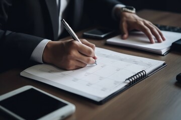 Efficient Agenda Management: Businesswoman's Hand Taking Notes on Blank Desk Calendar, Event Planning Timetable for Productive Work, Close-Up Shot.