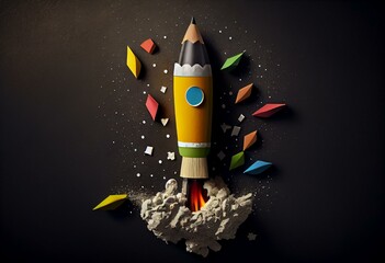 education. Back to school concept. rocket cut from paper and painted over blackboard background. top view, flat lay. banner. Generative AI