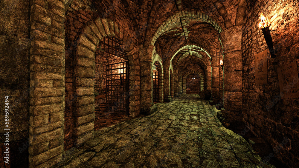 Fototapete old medieval castle dungeon tunnel with a row of prison cells, lit by torch flame. 3d illustration.