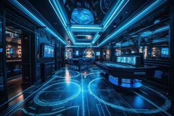 Futuristic luxury casino interior with neon lights, Night club. Blue colour, Generative Ai