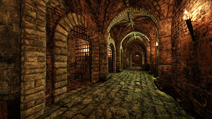 Old medieval castle dungeon tunnel with a row of prison cells, lit by torch flame. 3D illustration.