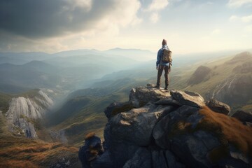 Hiker standing on top of a mountain and enjoying the view, generative Ai