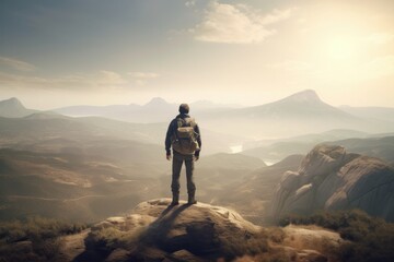 Obraz premium Hiker with backpack standing on top of a rock and looking at the beautiful landscape, generative Ai