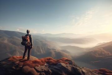 Obraz premium Hiker with backpack standing on top of a mountain and looking into the distance, generative Ai