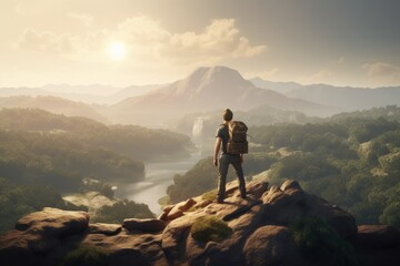 Man with backpack standing on the edge of cliff and looking to misty valley, generative Ai