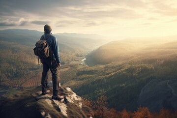 Fototapeta premium Man with backpack standing on top of rock and looking at the valley, generative Ai