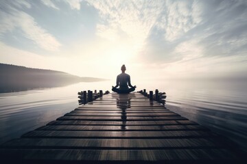 Naklejka na ściany i meble Silhouette of a man meditating on a wooden jetty at sunrise, Generative Ai