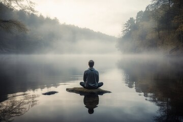Naklejka na ściany i meble Man meditating on the lake in the morning with foggy background, Generative Ai