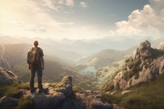 Man with backpack standing on top of mountain and looking at lake, generative Ai