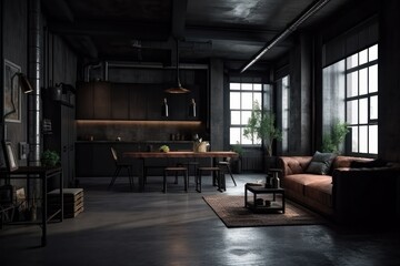 Interior of modern loft living room with black walls, concrete floor, comfortable sofa and coffee table. 3d rendering, Generative Ai