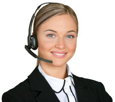Close-up view of young woman face with headphones, call center or support concept