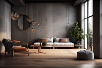 Interior of modern living room with gray walls, wooden floor, comfortable sofa and round coffee table. 3d rendering, generative Ai