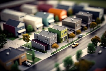 A miniature city with houses and cars on the road. 3D rendering, Generative Ai