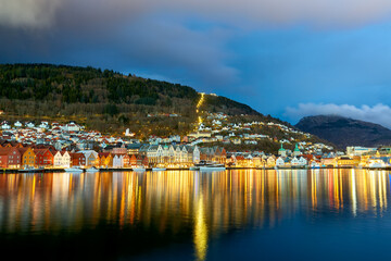 Old town of Bergen at dusk, Norway