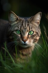 Naklejka na ściany i meble Cute Domestic Kitten Relaxing in the Grass: A Portrait of Furry Felino Eye to Eye: Generative AI