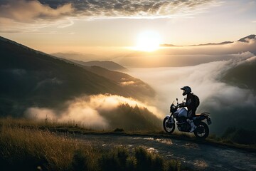Fototapeta na wymiar Exploring Nature's Beauty on a Mountain Ride: Man Races Motorcycle Through Cloud-Filled Valley at Sunset: Generative AI