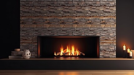 Luxury fireplace with fire and wood in the modern living room. Generative AI Technology 