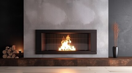 Luxury fireplace with fire and wood in the modern living room. Generative AI Technology 