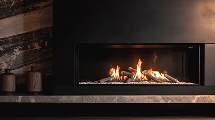Obraz premium Luxury fireplace with fire and wood in the modern living room. Generative AI Technology 