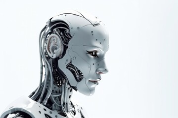 An artificially intelligent, Robot woman. 3D rendering humanoid robot isolated on gray background, in the style of light silver and white, close-up intensity, Generative Ai
