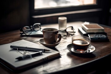 Coffee cup and book on wooden table in coffee shop, Generative Ai