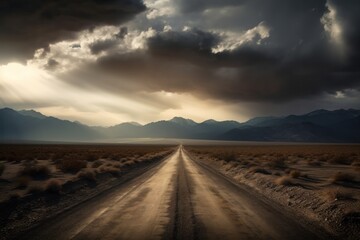 Fototapeta premium Desert Road. Dramatic sky and clouds, Generative Ai