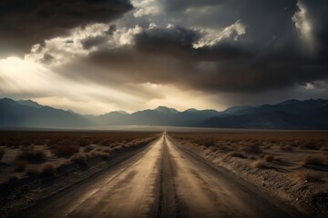 Fototapeta na wymiar Desert Road. Dramatic sky and clouds, Generative Ai