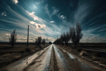 Fototapeta na wymiar Wet road in the countryside. Dramatic sky with clouds, Generative Ai
