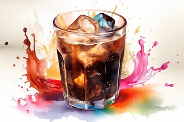 Illustration of iced coffee with ice cubes and colourful splashes on white background, Generative Ai
