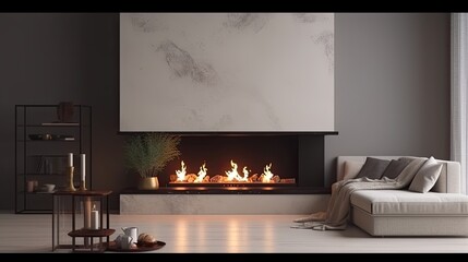 Luxury fireplace with fire and wood in the modern living room. Generative AI Technology 