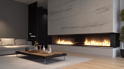 Luxury fireplace with fire and wood in the modern living room. Generative AI Technology 