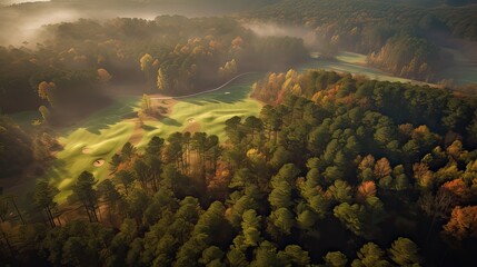 Fototapeta na wymiar Aerial view of green grass and trees on a golf field. Generative Ai.