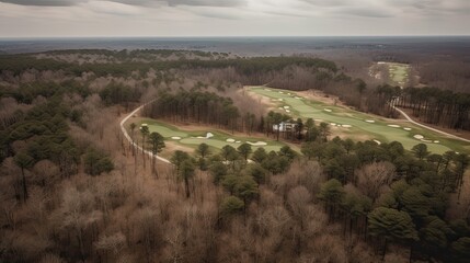Fototapeta premium Aerial view of green grass and trees on a golf field. Generative Ai.