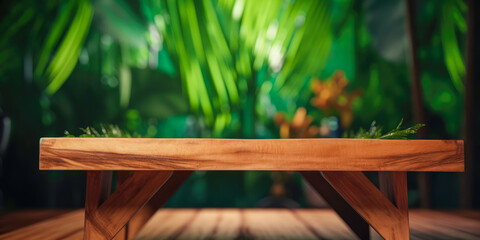 Empty wooden table top, product display, showcase stage on tropical jungle background. Generative AI.