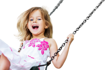 Little child blond girl having fun on a swing