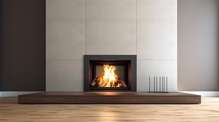 Luxury fireplace with fire and wood in the modern living room. Generative AI Technology 